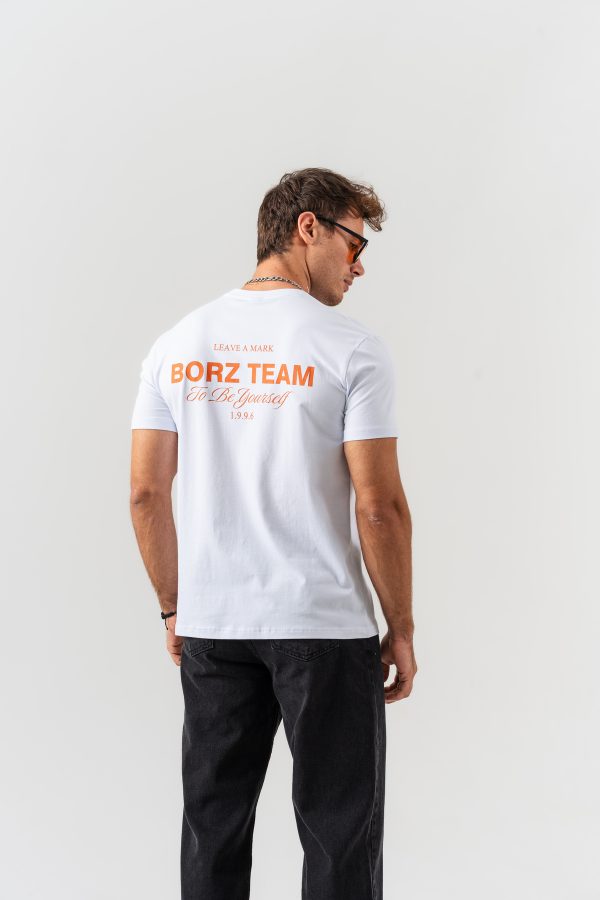 Erkek Beyaz Borz Team Sırt Baskılı %100 Pamuk Regular Kalıp Bisiklet Yaka T-shirt