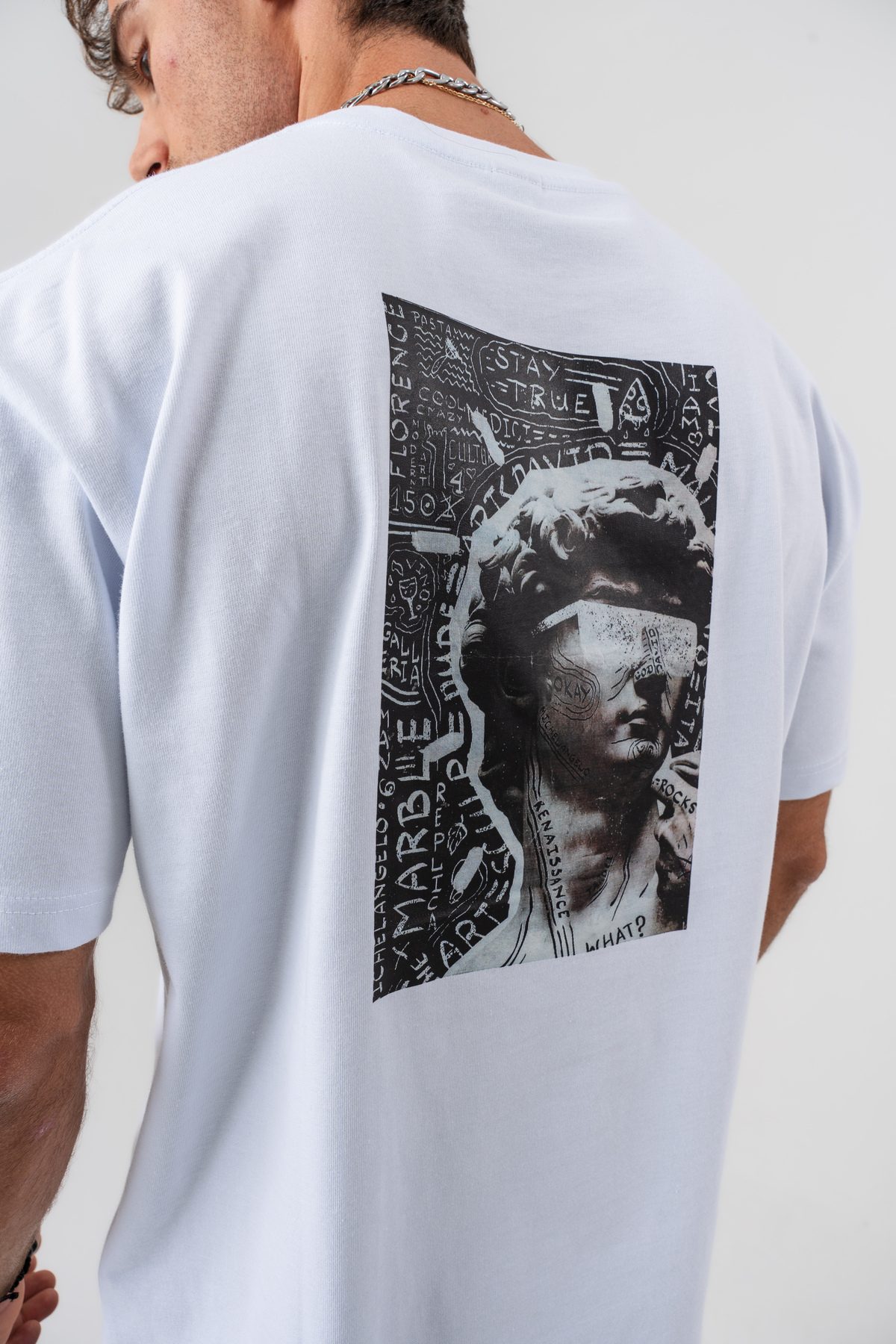 Unisex Beyaz Borz 1996 Nakış Detaylı Sırt Baskılı Oversize Kalıp Bisiklet Yaka T-shirt —  (2)