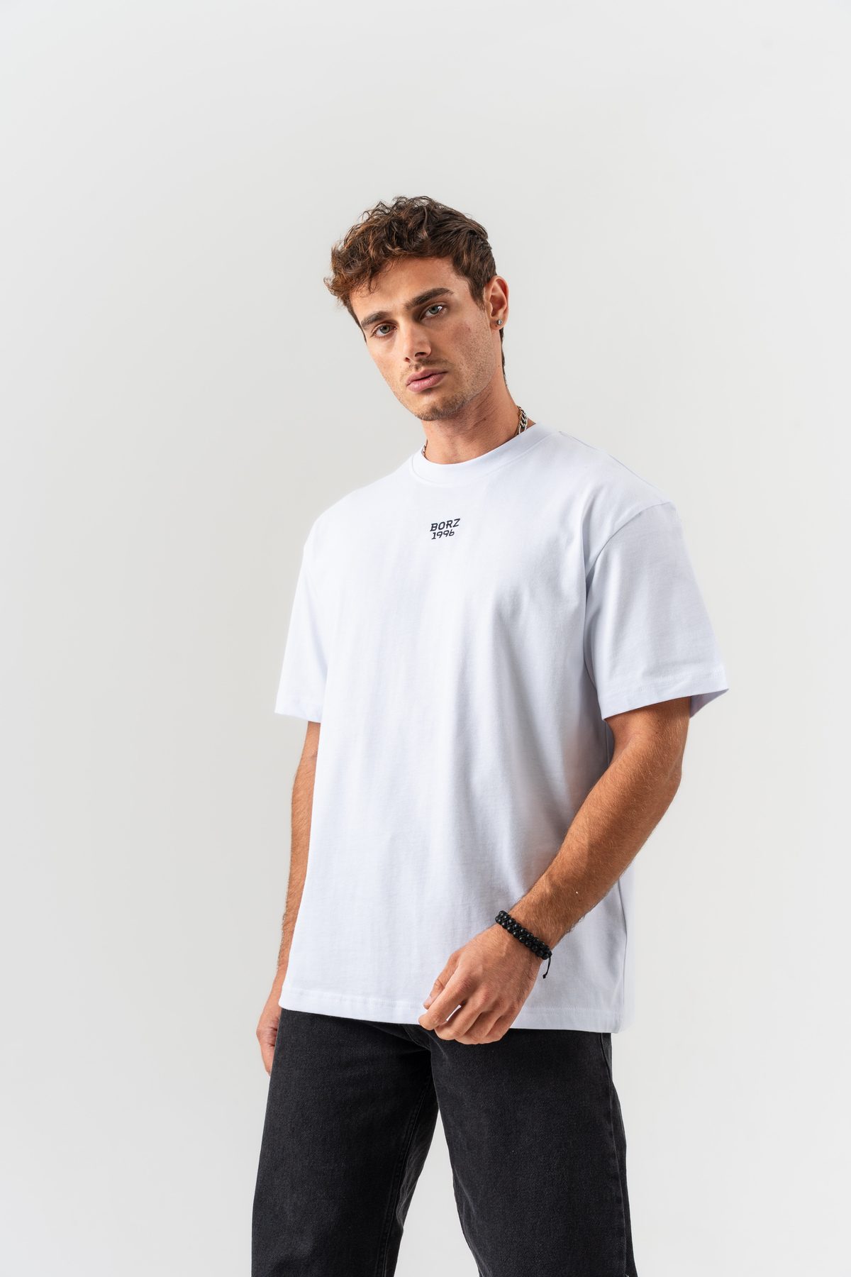 Unisex Beyaz Borz 1996 Nakış Detaylı Sırt Baskılı Oversize Kalıp Bisiklet Yaka T-shirt —  (4)
