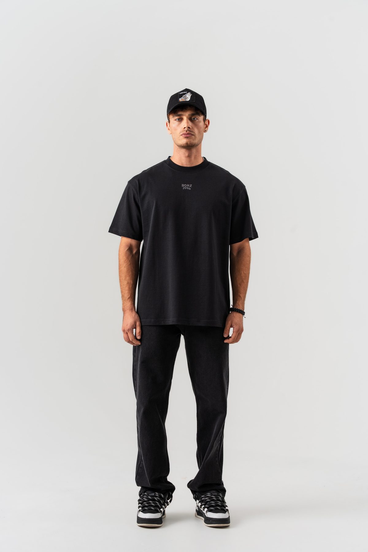 Unisex Siyah Borz 1996 Nakış Detaylı Sırt Baskılı Oversize Kalıp Bisiklet Yaka T-shirt —  (7)