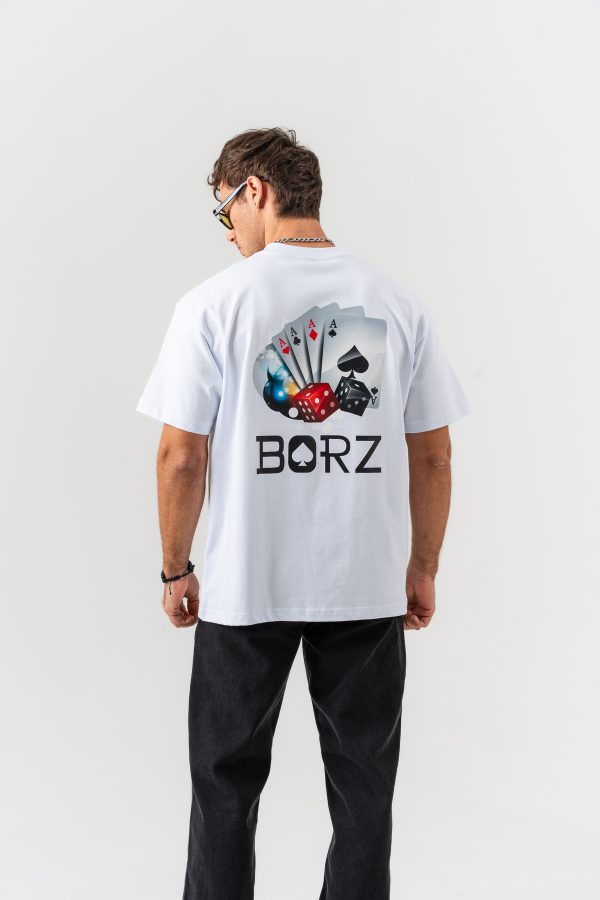 Erkek Beyaz İskambil Kağıdı Sırt Baskılı %100 Pamuk Oversize Kalıp Bisiklet Yaka T-shirt