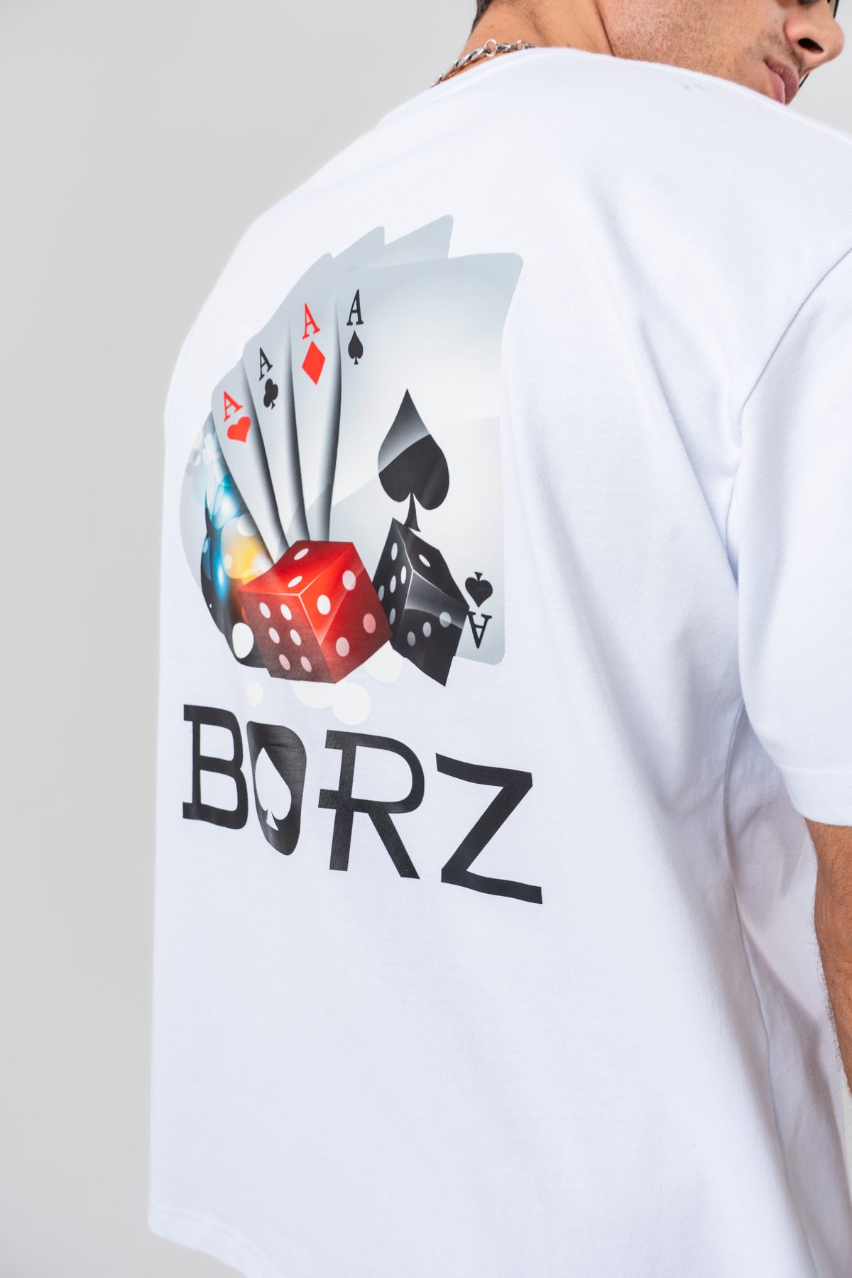 Erkek Beyaz İskambil Kağıdı Sırt Baskılı %100 Pamuk Oversize Kalıp Bisiklet Yaka T-shirt —  (6)
