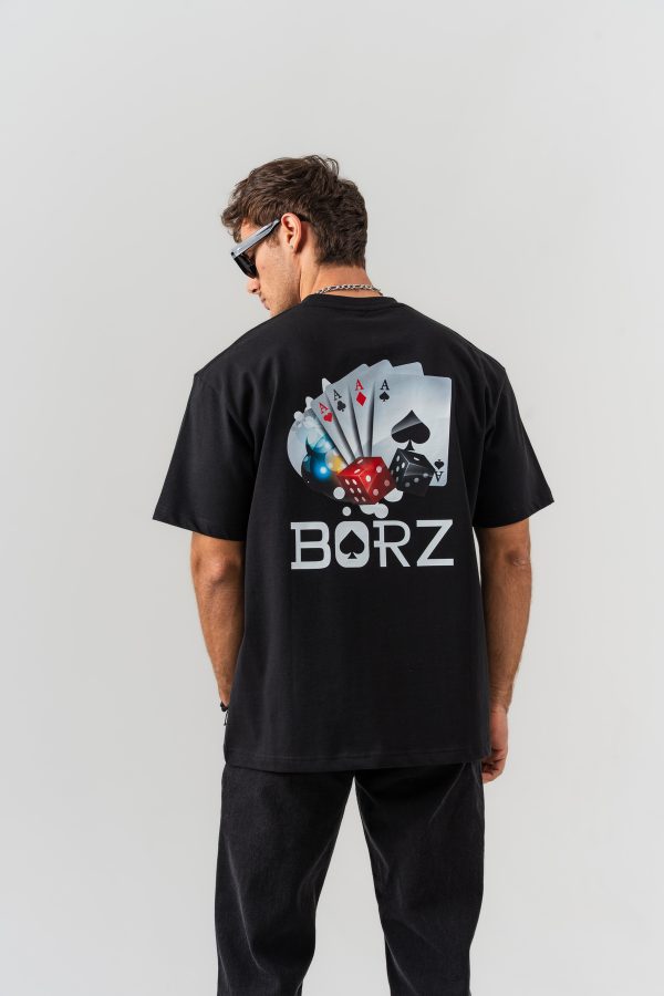 Erkek Siyah İskambil Kağıdı Sırt Baskılı %100 Pamuk Oversize Kalıp Bisiklet Yaka T-shirt
