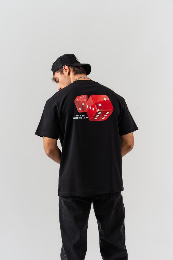 Erkek Siyah Kırmızı Zar Sırt Baskılı Oversize Kalıp Bisiklet Yaka T-shirt
