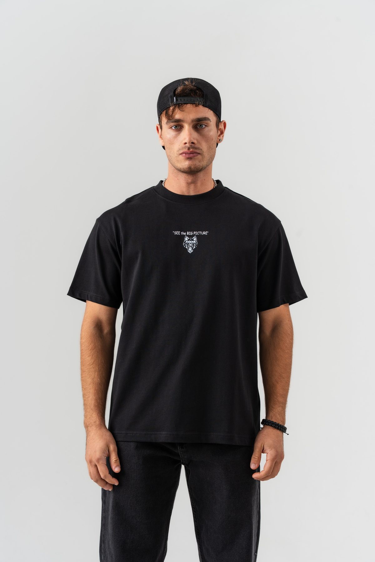 Erkek Siyah "See The Big Picture" Yazı Detaylı %100 Pamuk Oversize Kalıp Bisiklet Yaka T-shirt —  (2)
