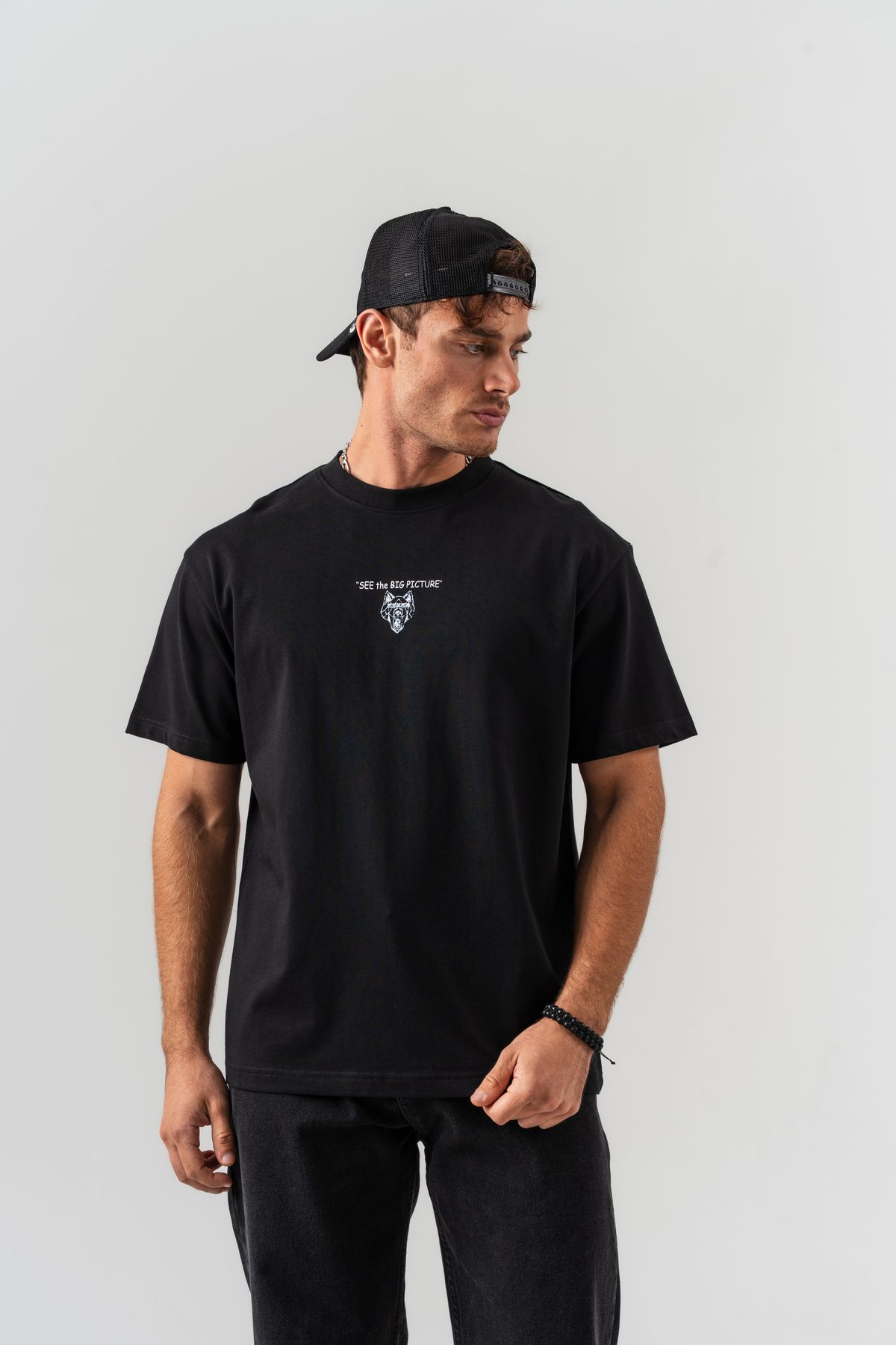 Erkek Siyah "See The Big Picture" Yazı Detaylı %100 Pamuk Oversize Kalıp Bisiklet Yaka T-shirt —  (3)