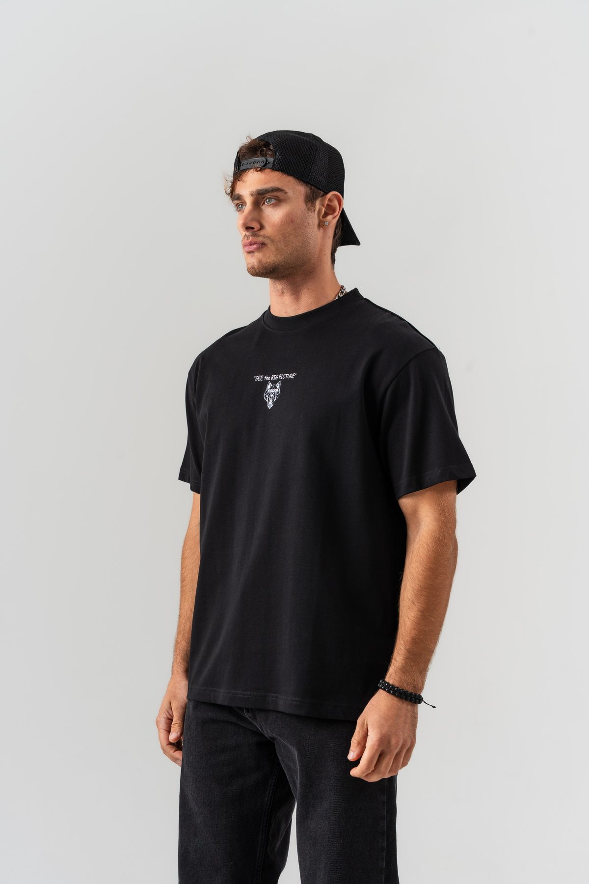 Erkek Siyah "See The Big Picture" Yazı Detaylı %100 Pamuk Oversize Kalıp Bisiklet Yaka T-shirt —  (4)