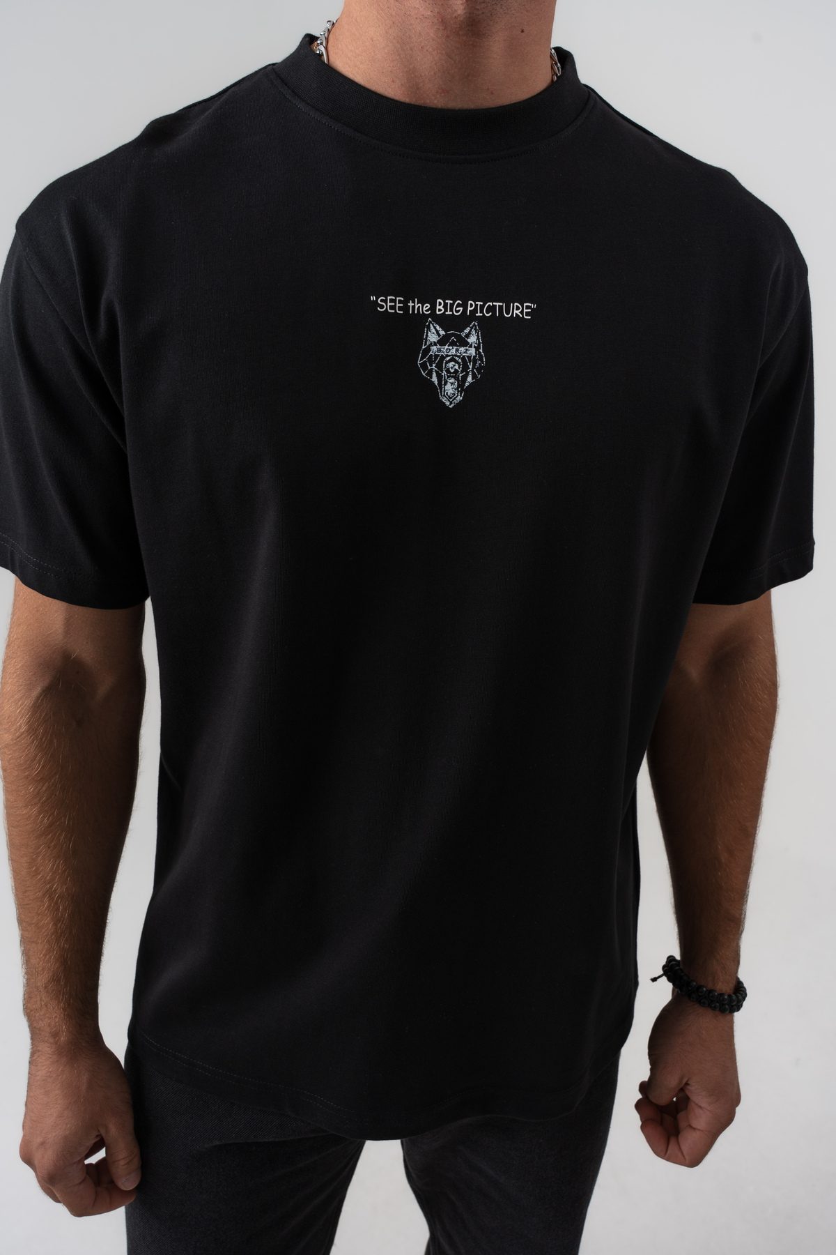 Erkek Siyah "See The Big Picture" Yazı Detaylı %100 Pamuk Oversize Kalıp Bisiklet Yaka T-shirt —  (6)