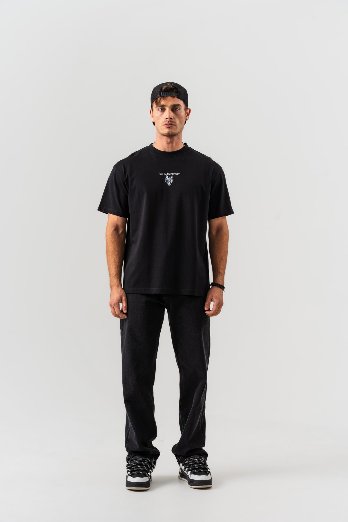 Erkek Siyah "See The Big Picture" Yazı Detaylı %100 Pamuk Oversize Kalıp Bisiklet Yaka T-shirt —  (8)