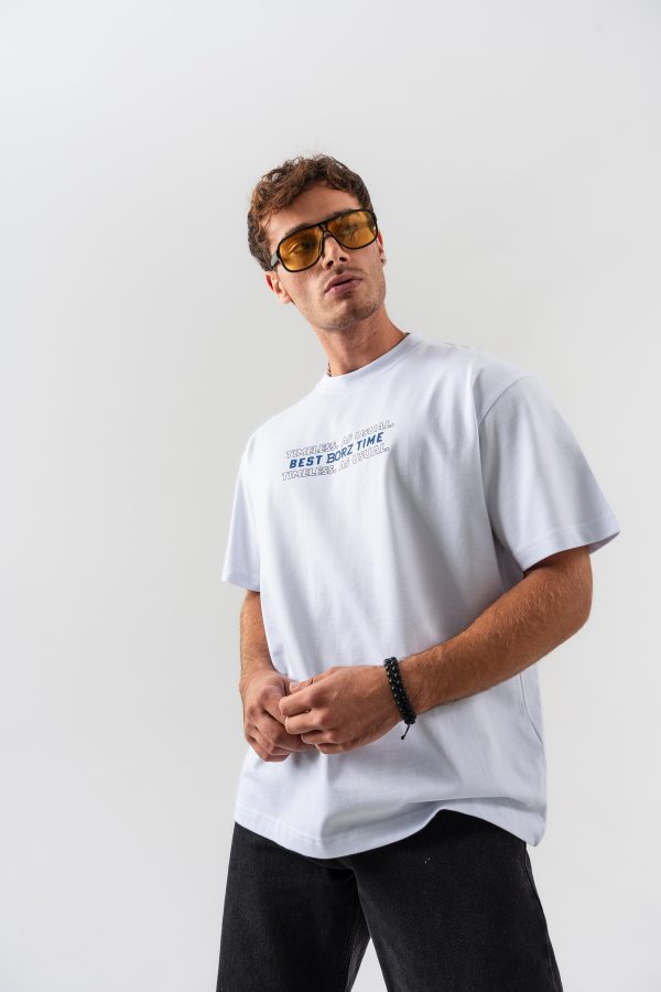 Unisex Beyaz "Best Borz Time" Yazı Detaylı Pamuklu Kumaş Oversize Kalıp Bisiklet Yaka T-shirt