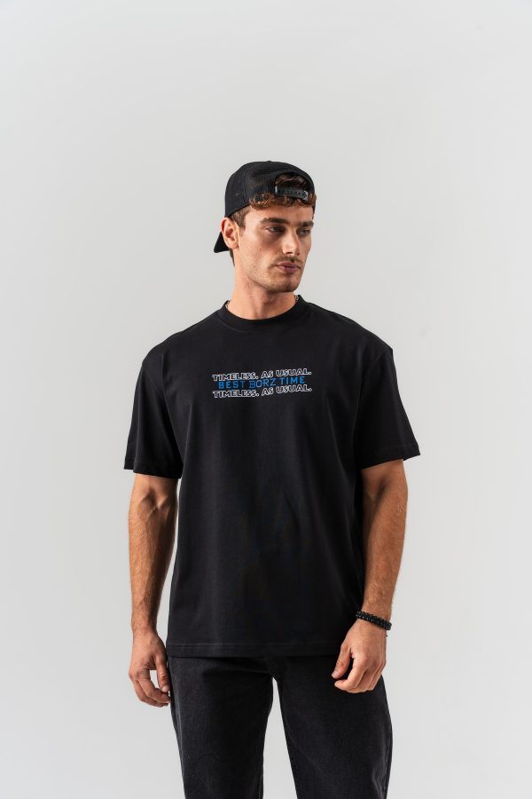 Unisex Siyah "Best Borz Time" Yazı Detaylı Pamuklu Kumaş Oversize Kalıp Bisiklet Yaka T-shirt