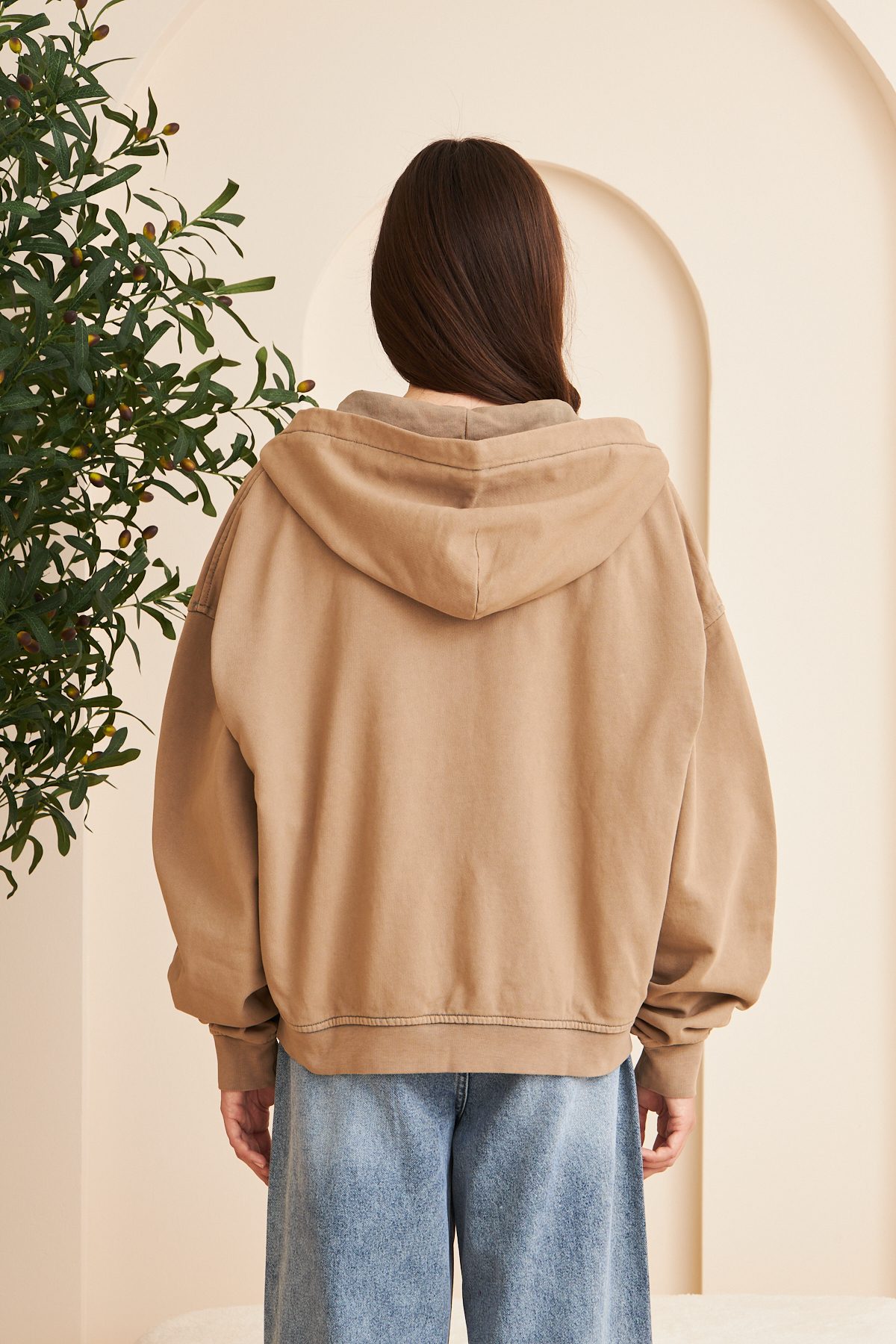 Kadın Oversize Fermuarlı Kapüşonlu Sweatshirt — Bej (4)