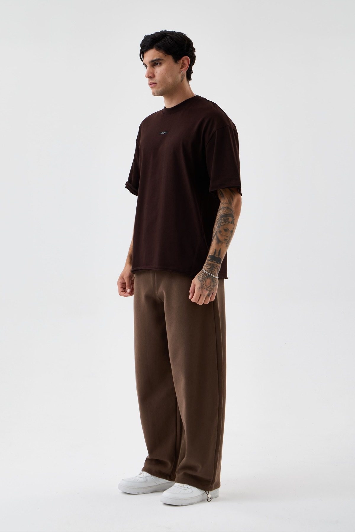Erkek Soluk Efektli Boyfriend Kalıp Bisiklet Yaka T-shirt — Kahverengi (4)