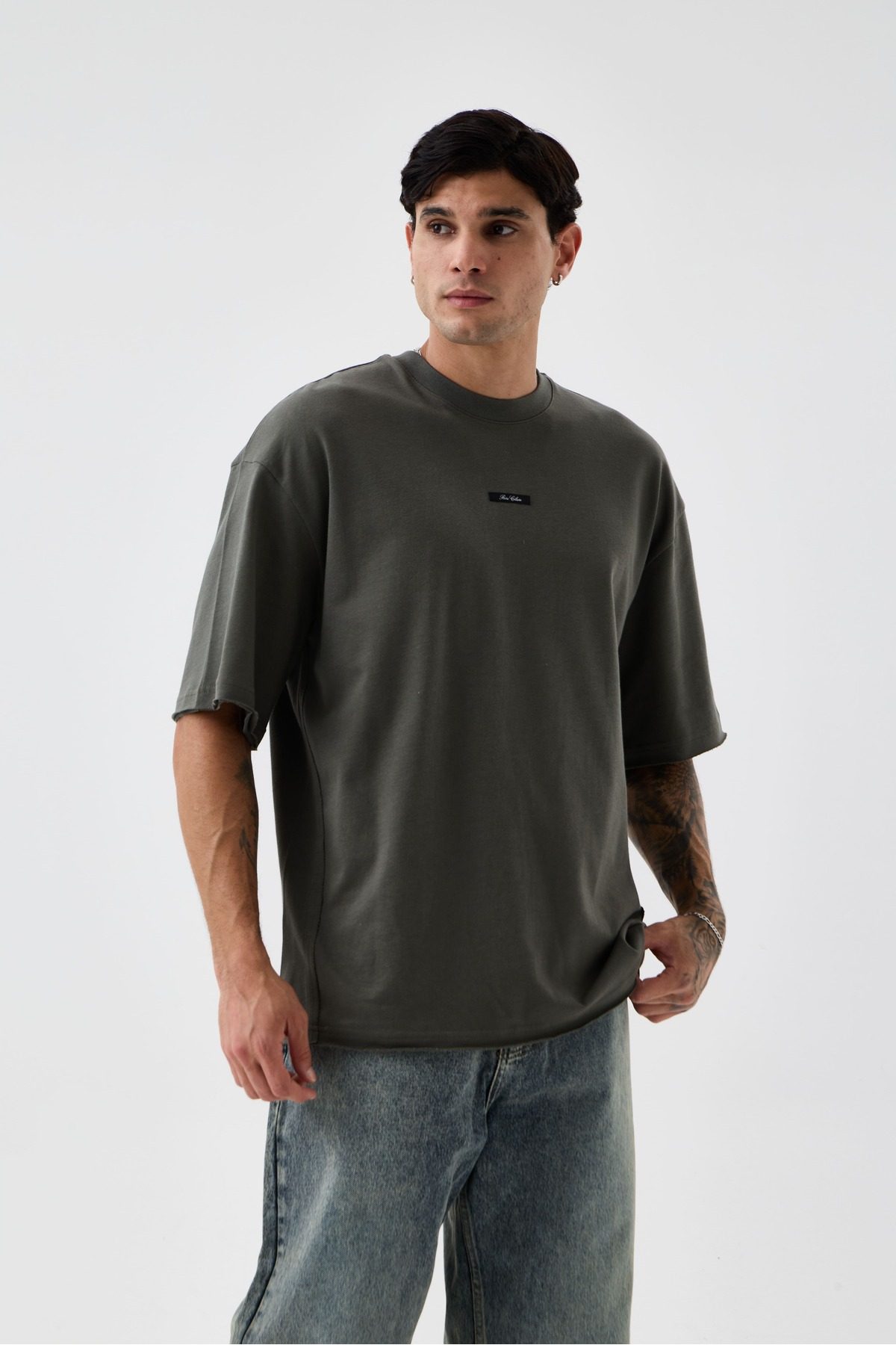 Erkek Soluk Efektli Boyfriend Kalıp Bisiklet Yaka T-shirt — Haki (1)