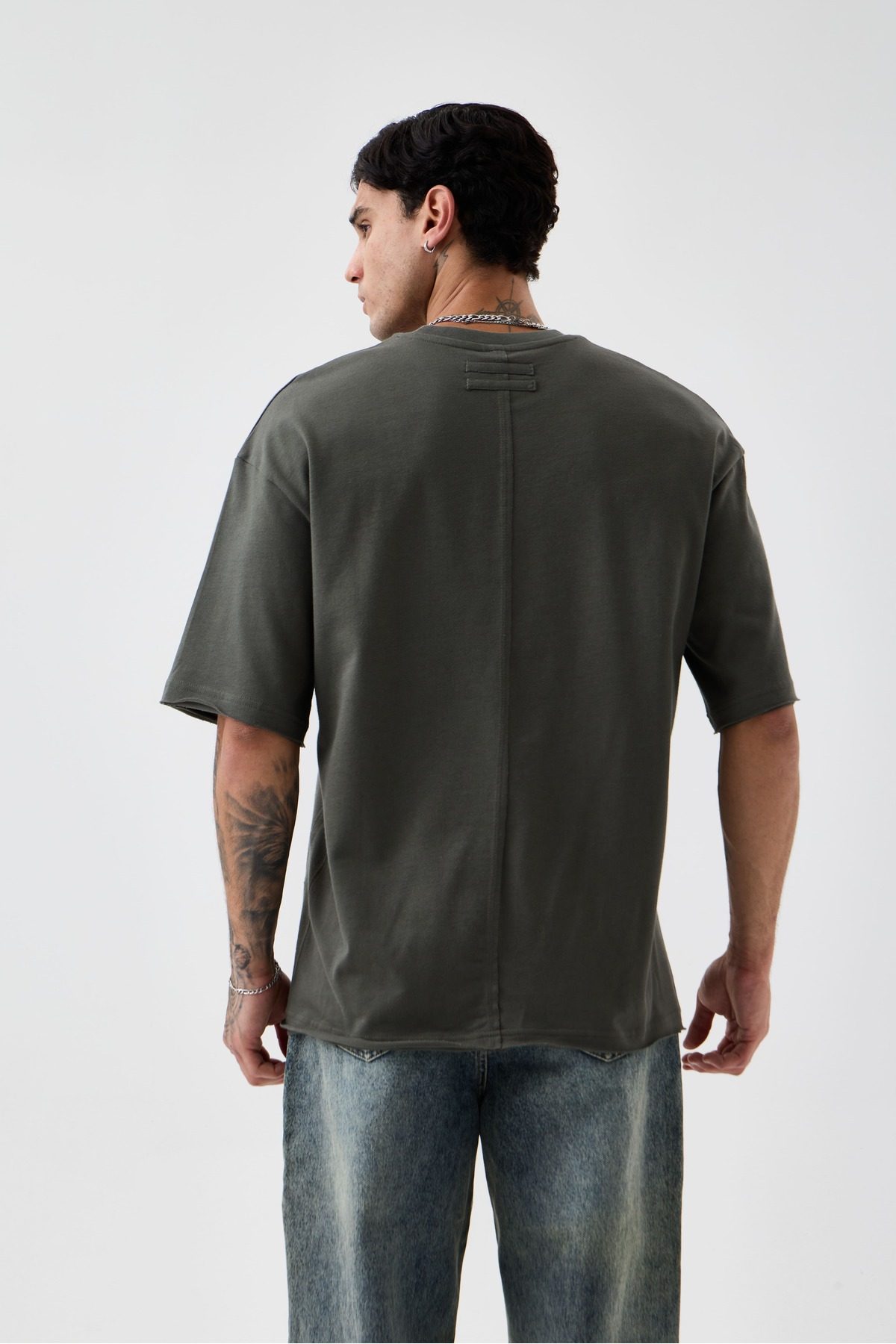 Erkek Soluk Efektli Boyfriend Kalıp Bisiklet Yaka T-shirt — Haki (3)