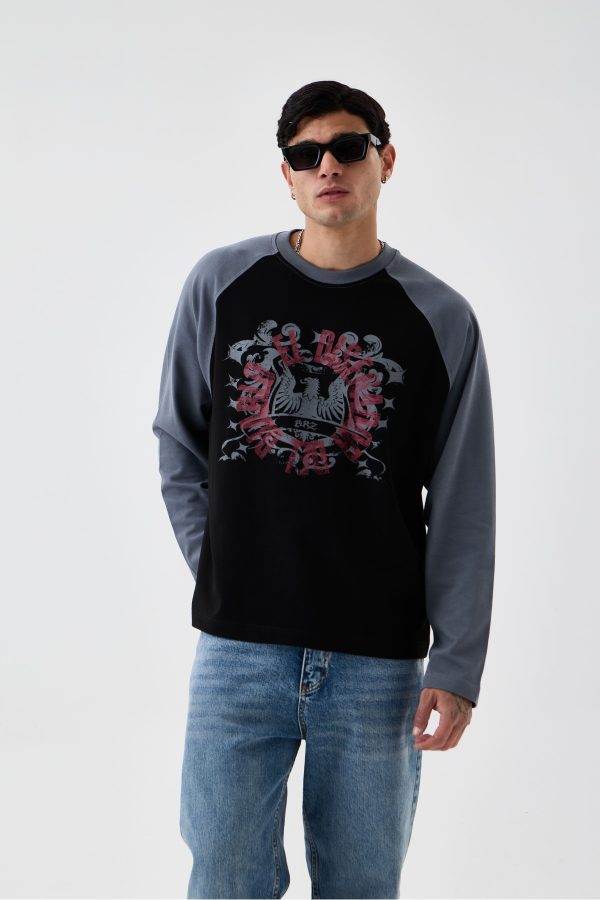 Çift Renk Kartal Baskılı Detaylı Oversize Uzun Kollu Tshirt — Gri