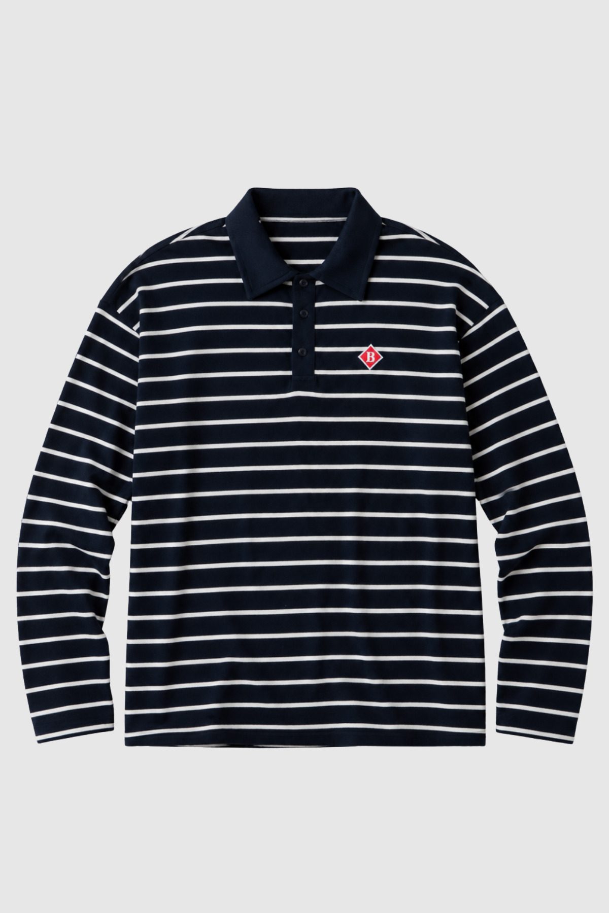Erkek Lacivert-Beyaz Çizgili Oversize Fit Polo Yaka Uzun Kollu T-Shirt — Lacivert (5)