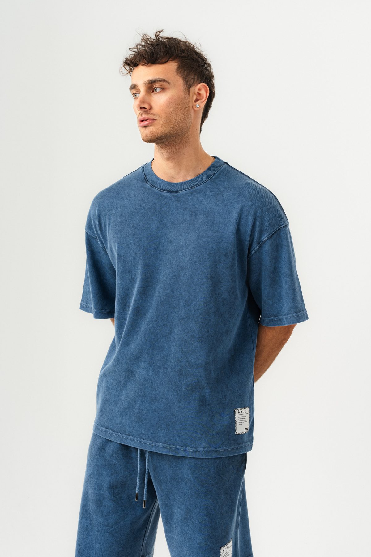 Erkek Soluk Efektli Oversize Kalıp T-shirt ve Şort Takımı — Mavi (5)