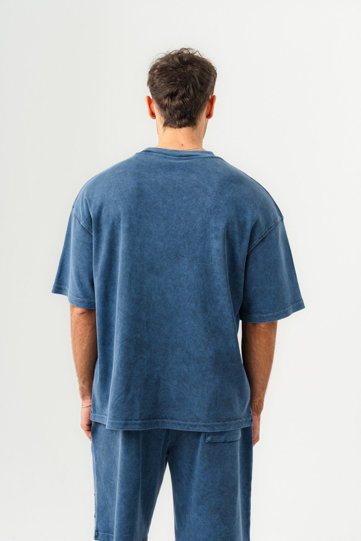 Erkek Soluk Efektli Oversize Kalıp T-shirt ve Şort Takımı — Mavi (6)