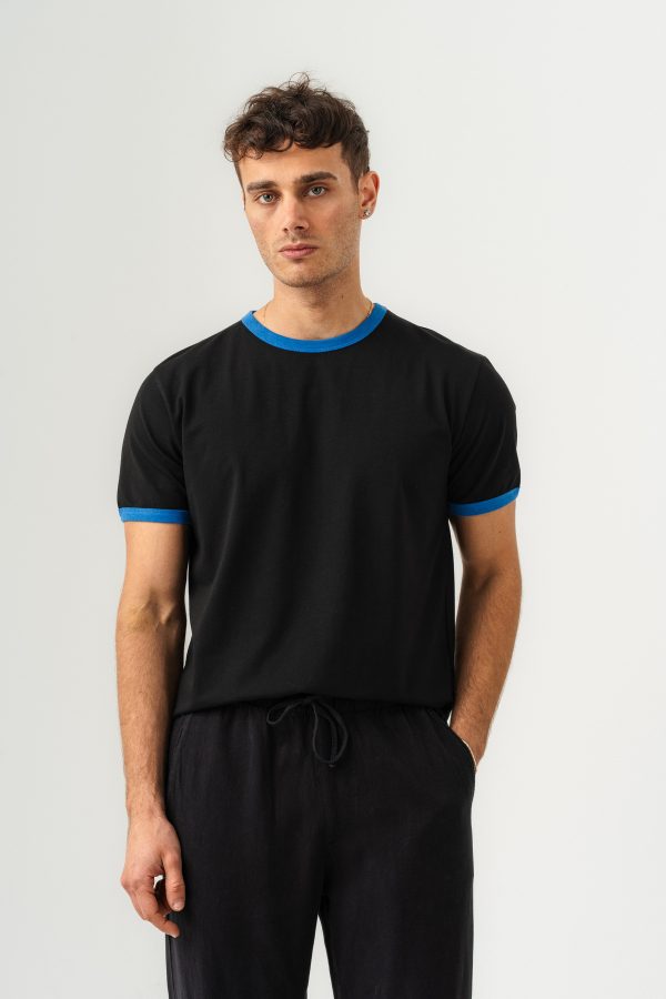 UNISEX YAKA KOL YIKAMA DETAYLI REGULAR FIT BASIC TİŞÖRT — Siyah mavi