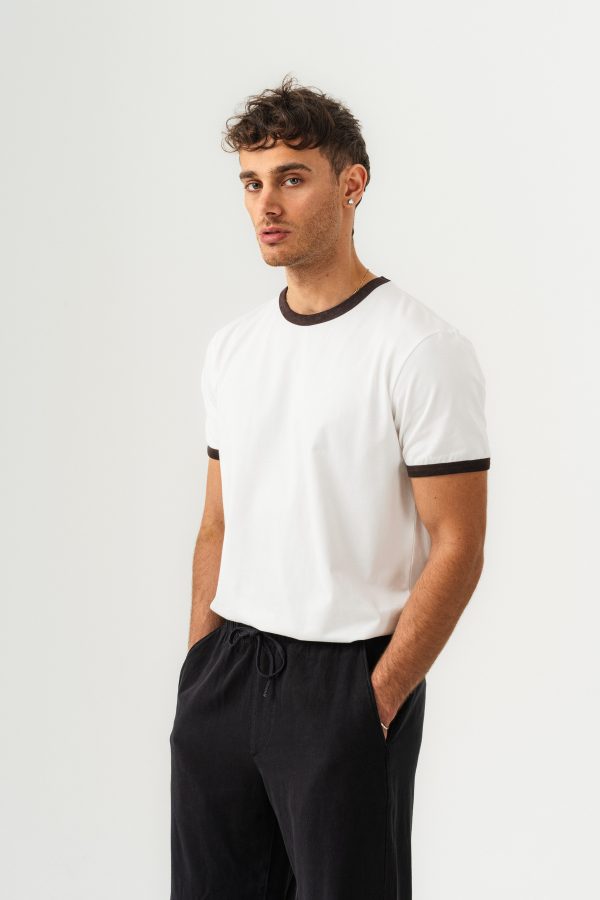 UNISEX YAKA KOL YIKAMA DETAYLI REGULAR FIT BASIC TİŞÖRT — Beyaz kahve