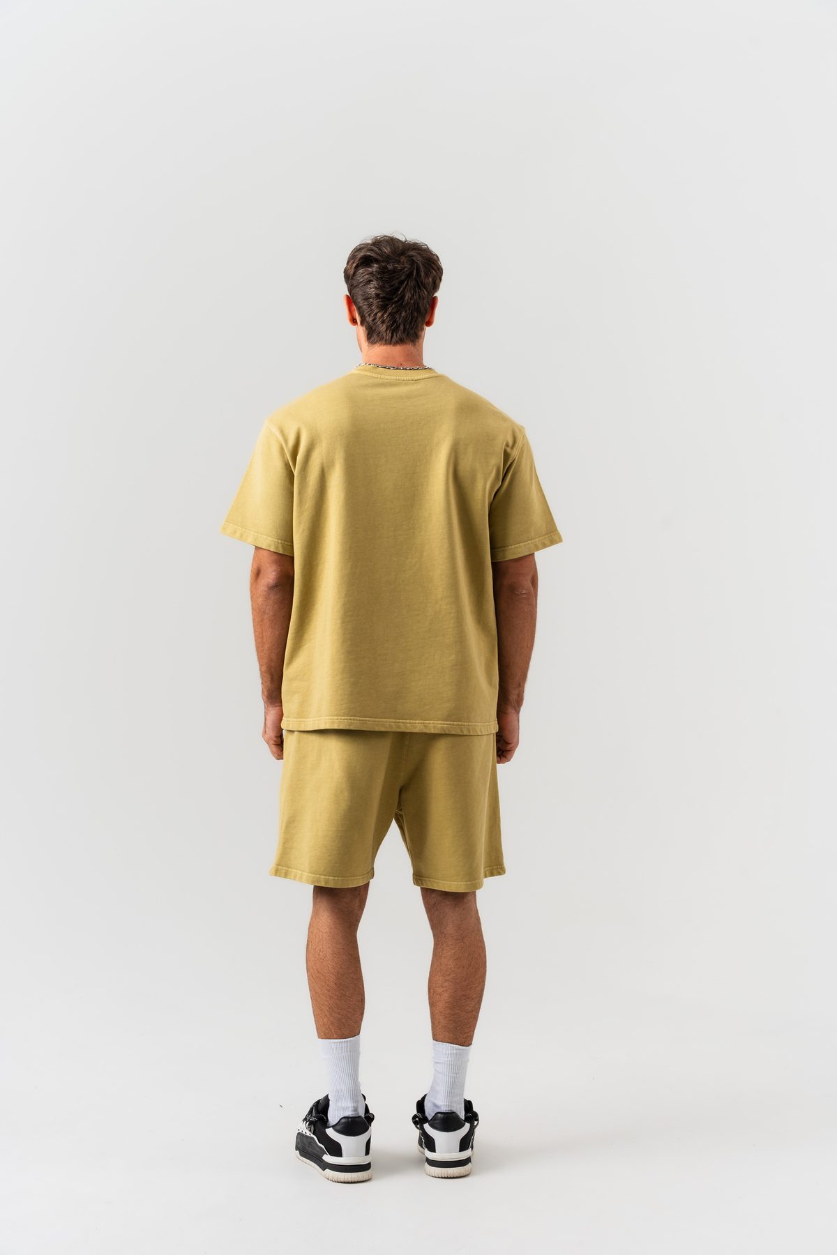 Erkek %95 Pamuk %5 Elastan Yıkamalı Oversize T-shirt ve Şort Takımı — Sarı (3)