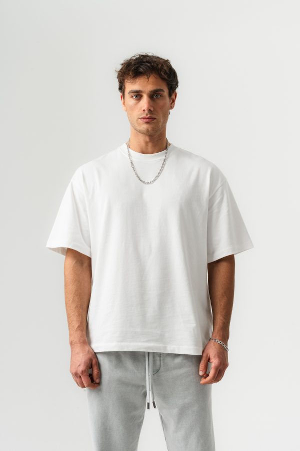 Erkek %100 Pamuk Oversize Kalıp Bisiklet Yaka Basic T-shirt — Beyaz