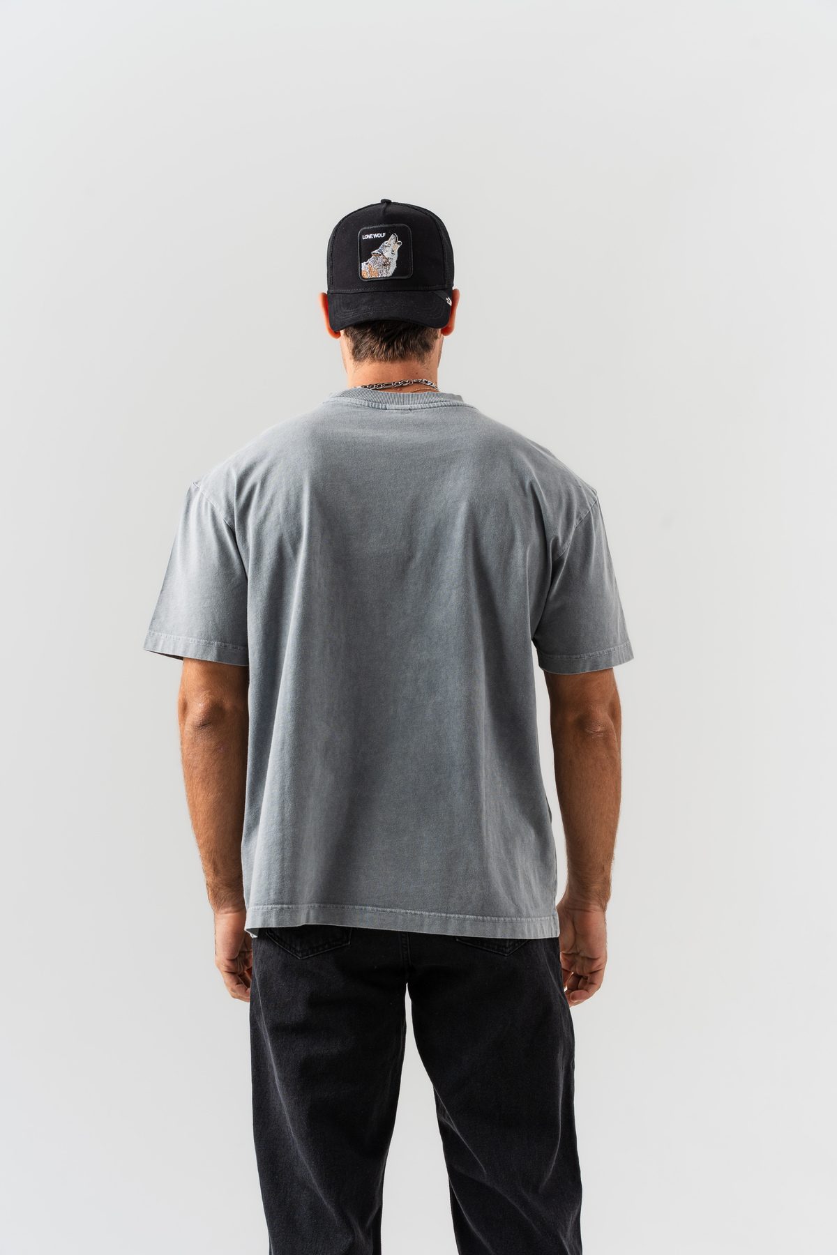 Erkek "BRZ" Aplike Nakışlı Yıkamalı Oversize Kalıp Bisiklet Yaka T-shirt — Gri (3)