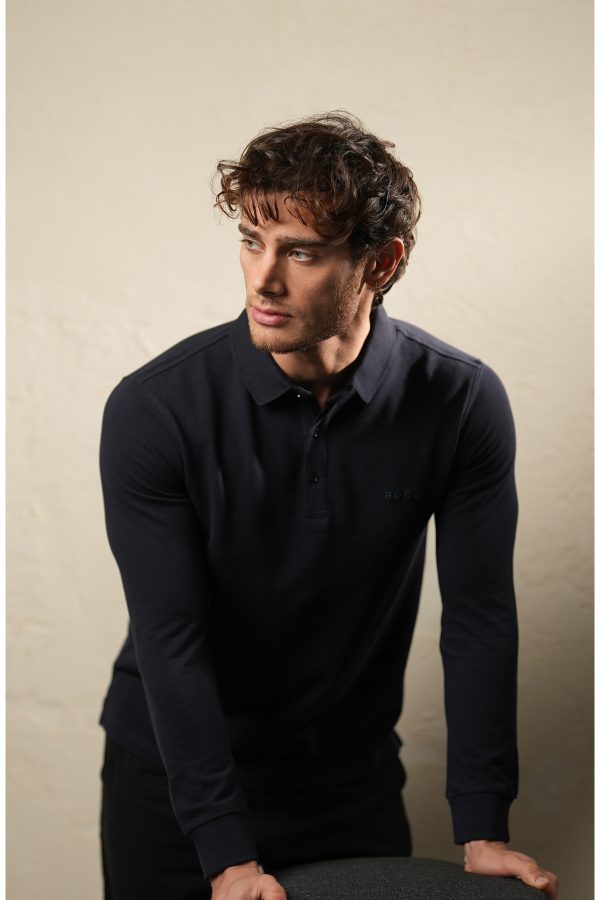 Erkek Lacivert Borz Nakış Detaylı Dayanıklı Esnek Kumaş Slim-Fit Polo Yaka T-shirt — lacivert