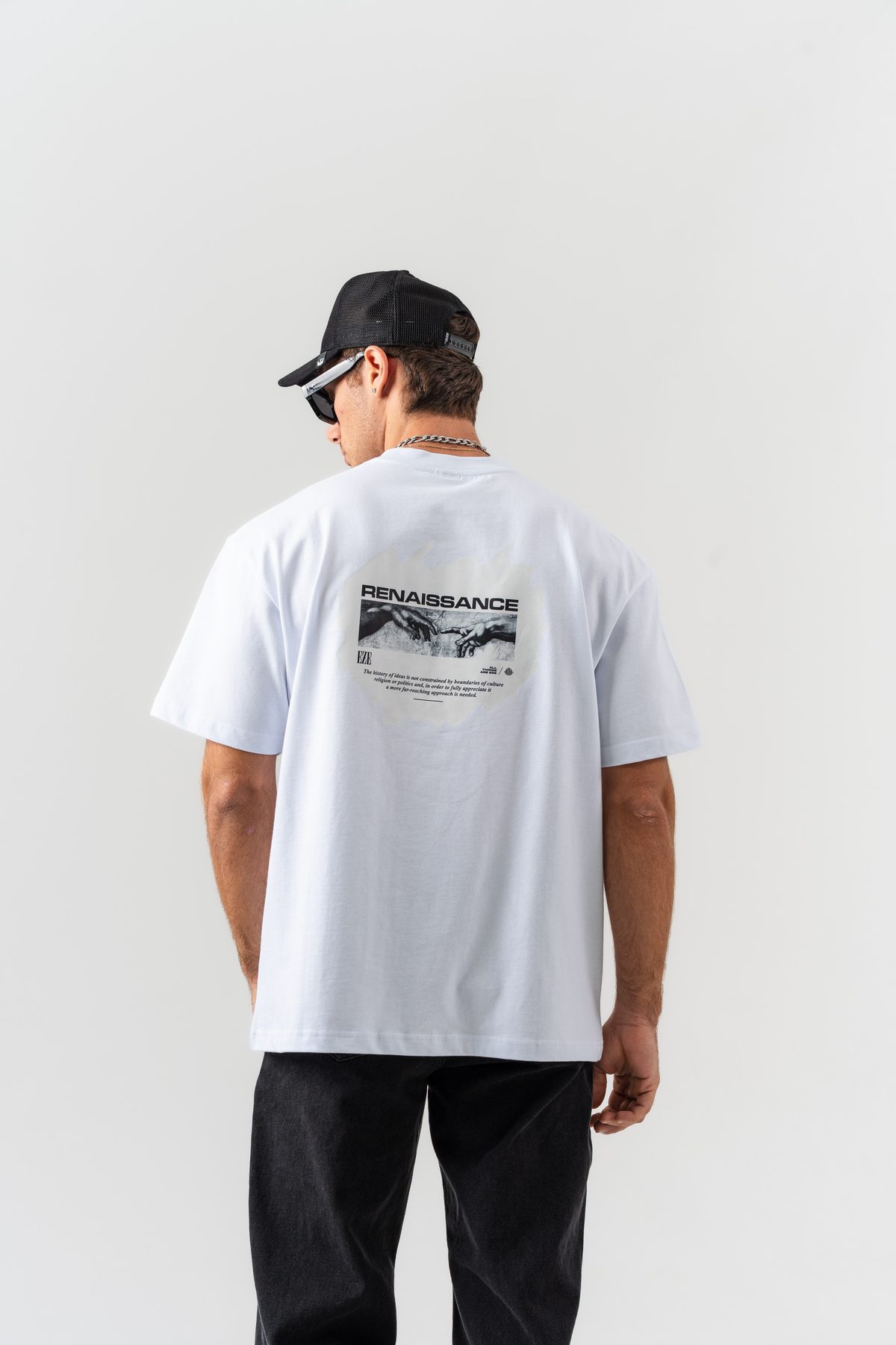 Erkek Beyaz Renaissance Sırt Baskılı %100 Pamuk Oversize Kalıp Bisiklet Yaka T-shirt — BEYAZ (1)