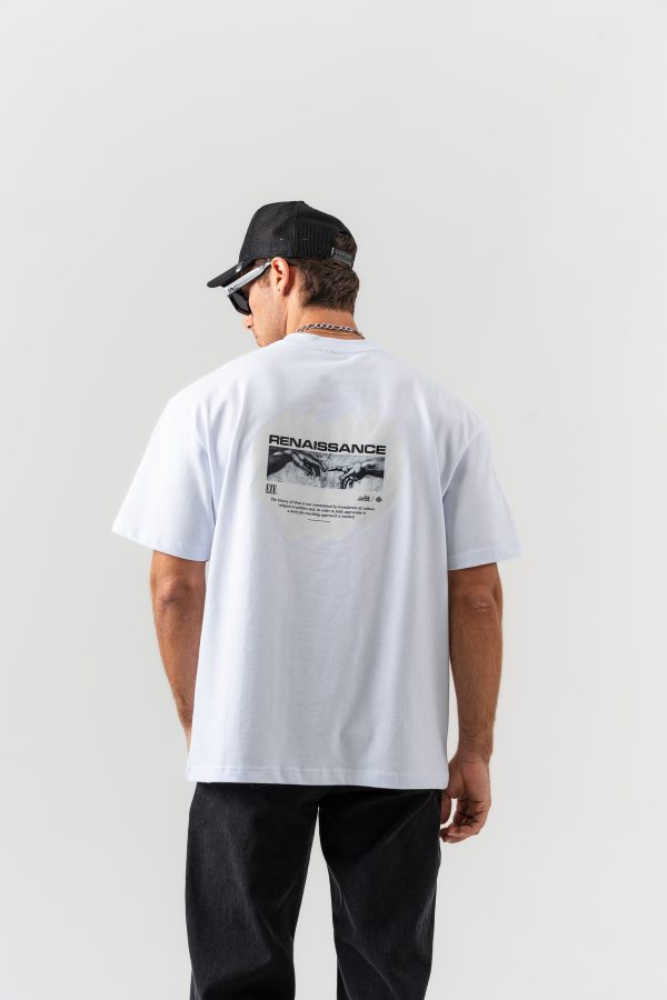 Erkek Beyaz Renaissance Sırt Baskılı %100 Pamuk Oversize Kalıp Bisiklet Yaka T-shirt — BEYAZ