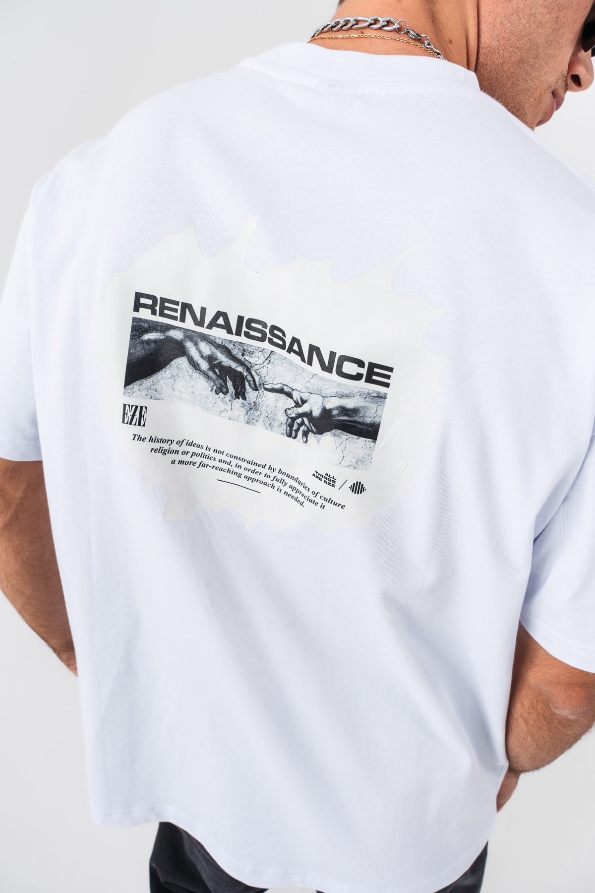 Erkek Beyaz Renaissance Sırt Baskılı %100 Pamuk Oversize Kalıp Bisiklet Yaka T-shirt — BEYAZ (2)
