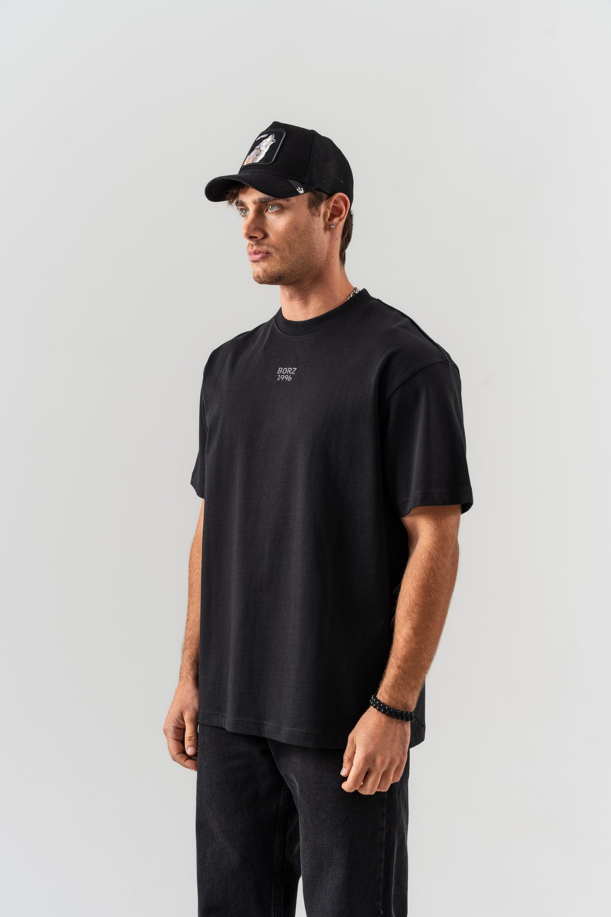 Unisex Siyah Borz 1996 Nakış Detaylı Sırt Baskılı Oversize Kalıp Bisiklet Yaka T-shirt — SİYAH (5)