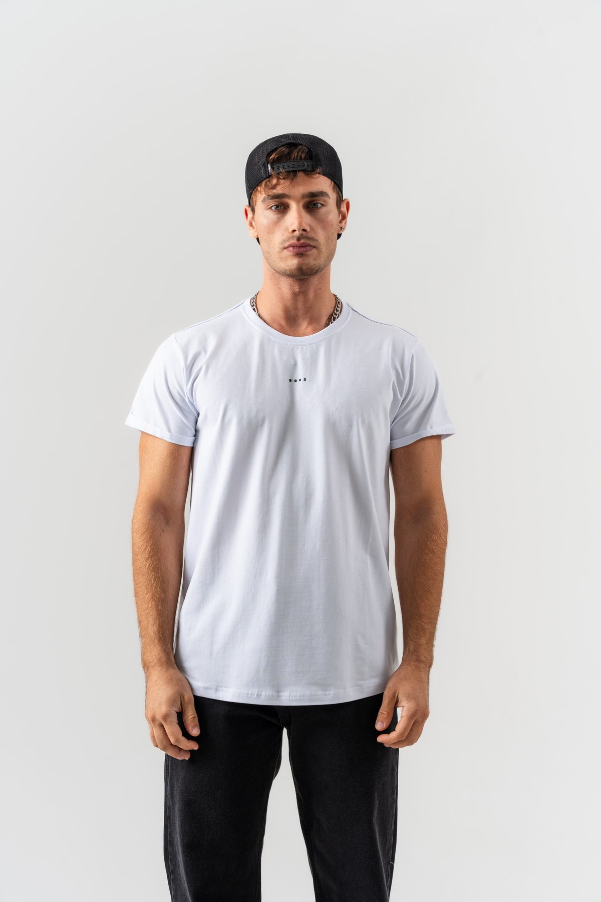 Erkek Beyaz Minimal Borz Yazı Detaylı Pamuklu Kumaş Regular Kalıp Basic Bisiklet Yaka T-shirt — BEYAZ (2)