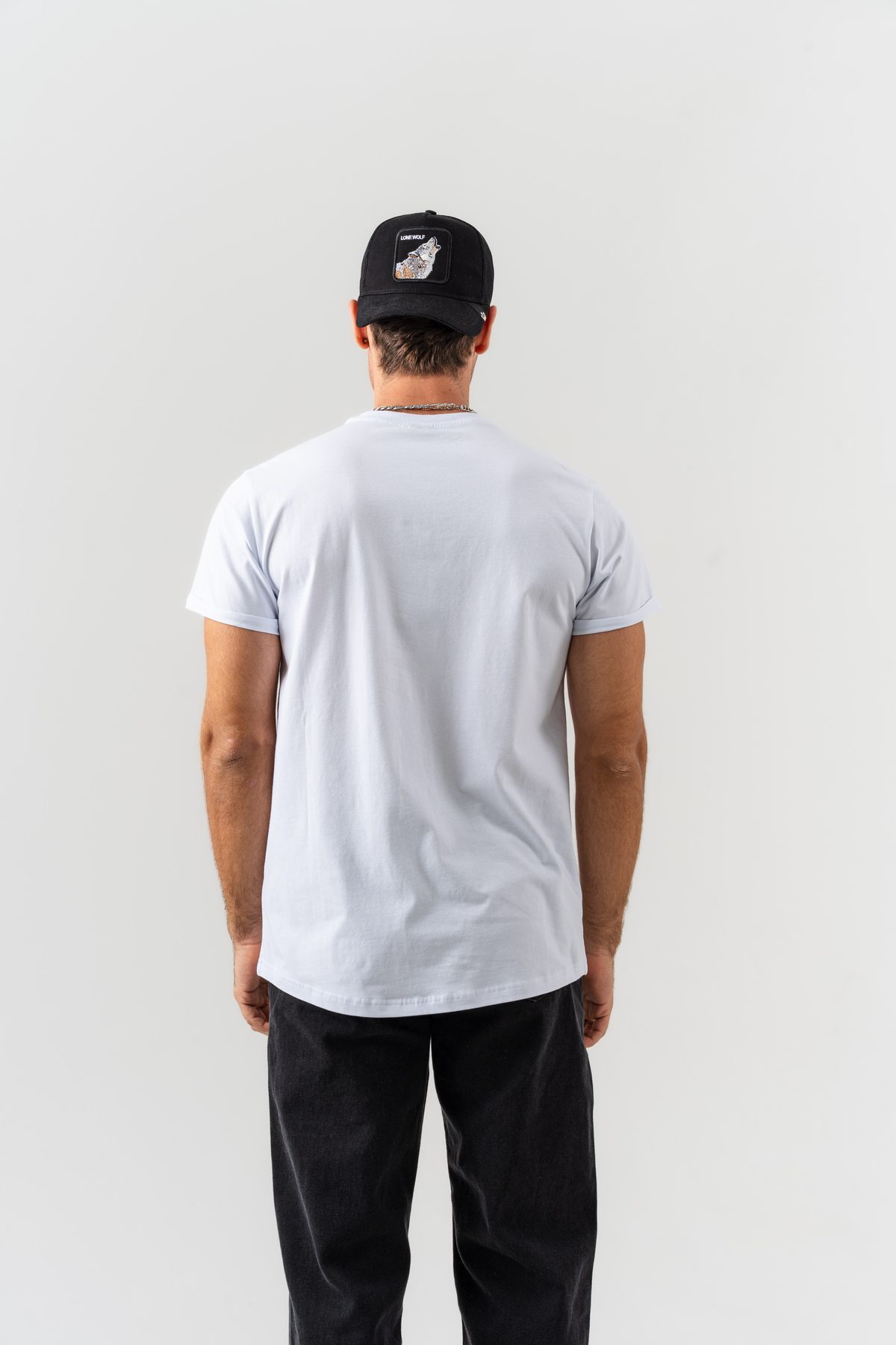 Erkek Beyaz Minimal Borz Yazı Detaylı Pamuklu Kumaş Regular Kalıp Basic Bisiklet Yaka T-shirt — BEYAZ (7)