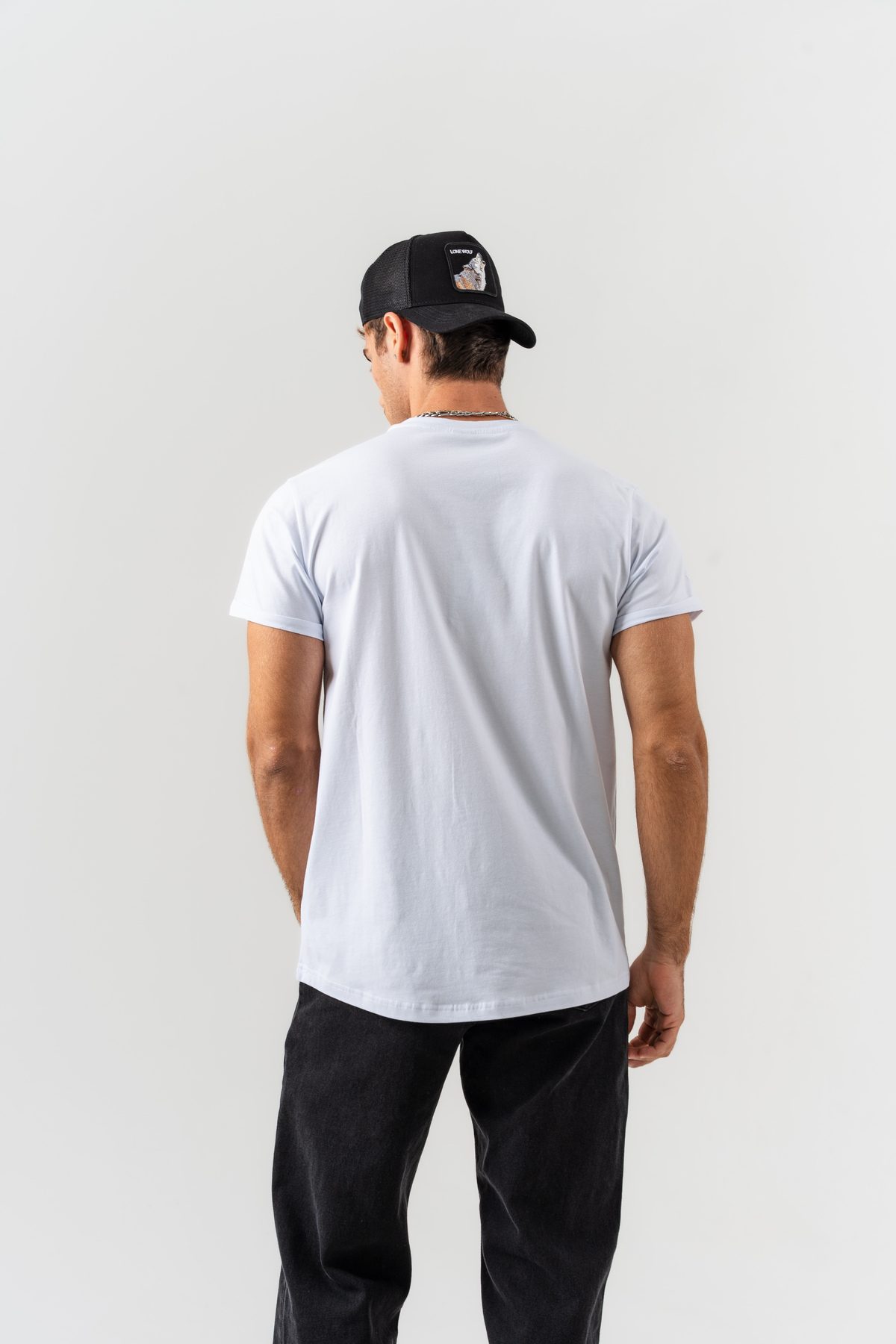 Erkek Beyaz Minimal Borz Yazı Detaylı Pamuklu Kumaş Regular Kalıp Basic Bisiklet Yaka T-shirt — BEYAZ (8)
