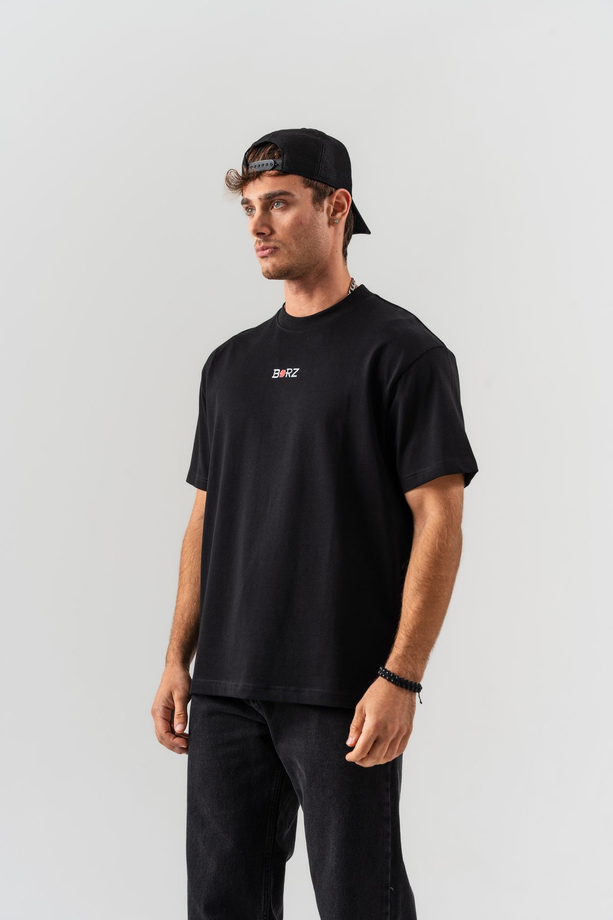Erkek Siyah Kırmızı Zar Sırt Baskılı Oversize Kalıp Bisiklet Yaka T-shirt — SİYAH (3)