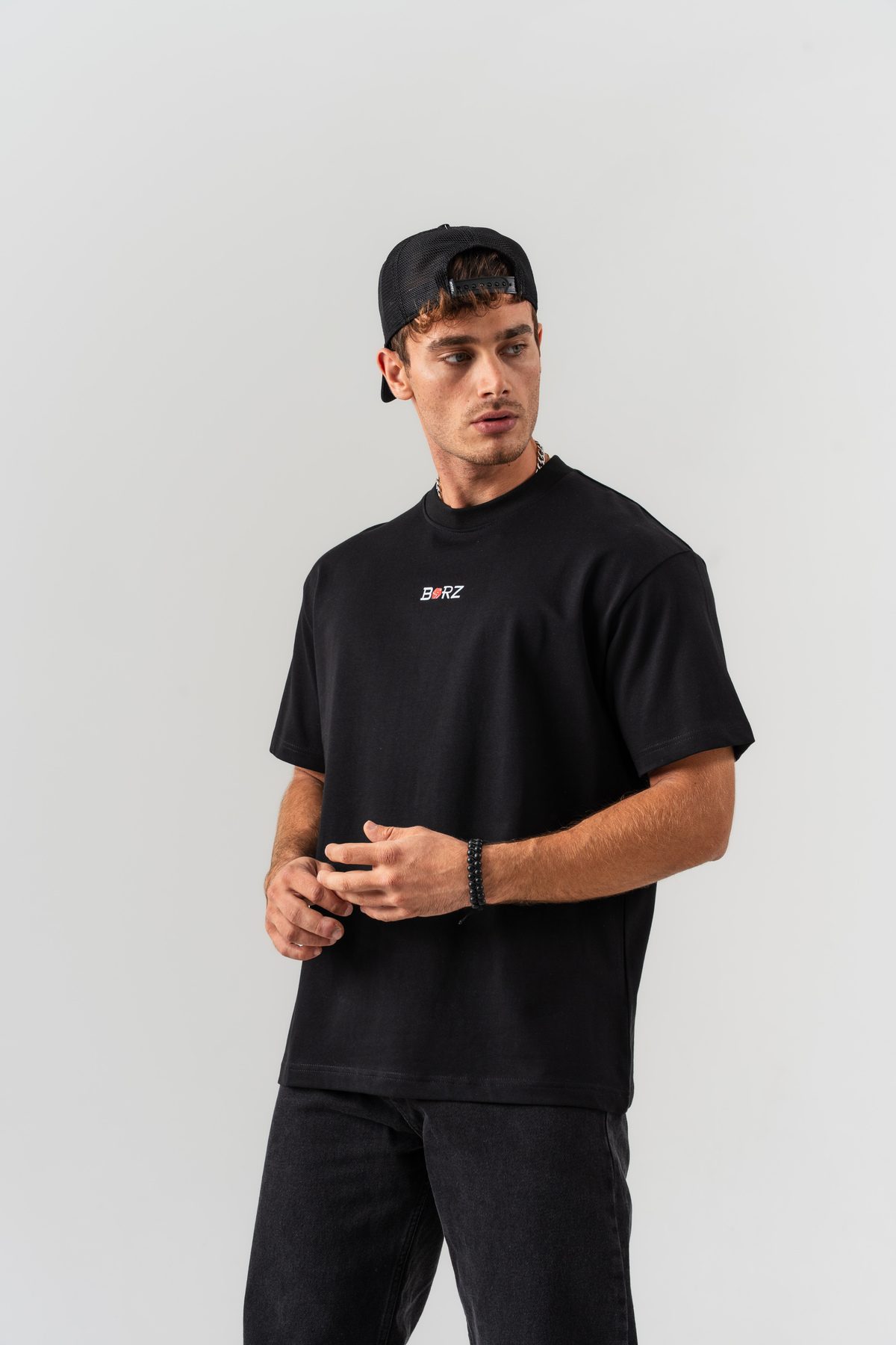 Erkek Siyah Kırmızı Zar Sırt Baskılı Oversize Kalıp Bisiklet Yaka T-shirt — SİYAH (5)