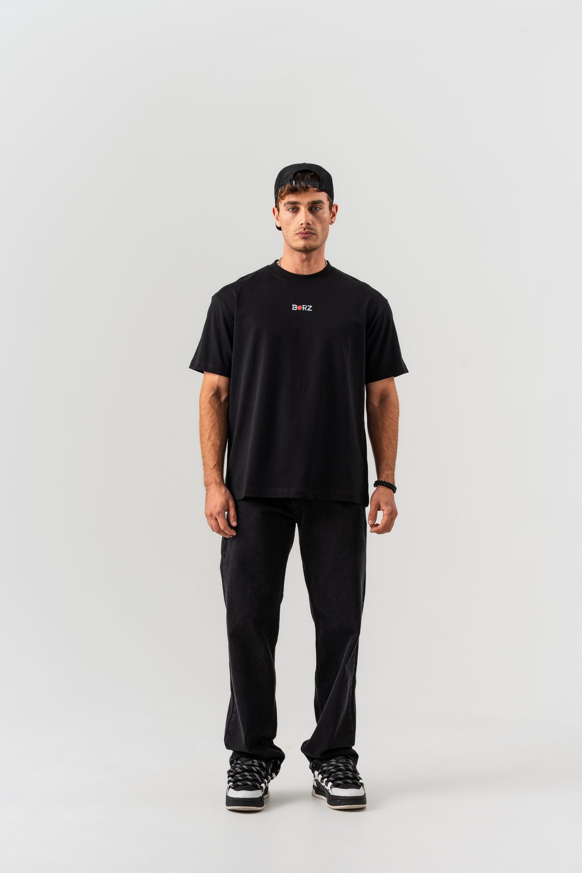 Erkek Siyah Kırmızı Zar Sırt Baskılı Oversize Kalıp Bisiklet Yaka T-shirt — SİYAH (7)