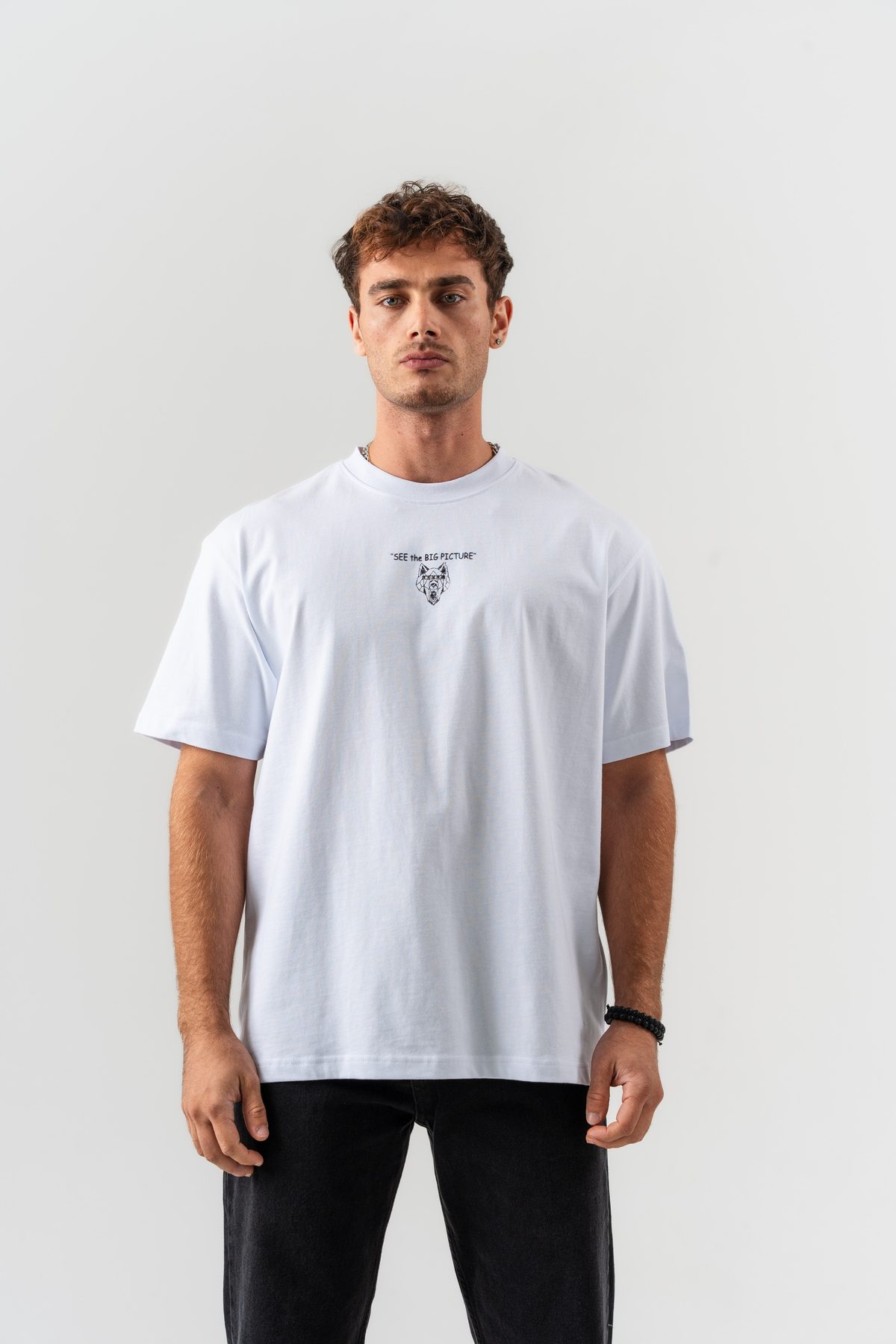 Erkek Beyaz "See The Big Picture" Yazı Detaylı %100 Pamuk Oversize Kalıp Bisiklet Yaka T-shirt — Beyaz (1)
