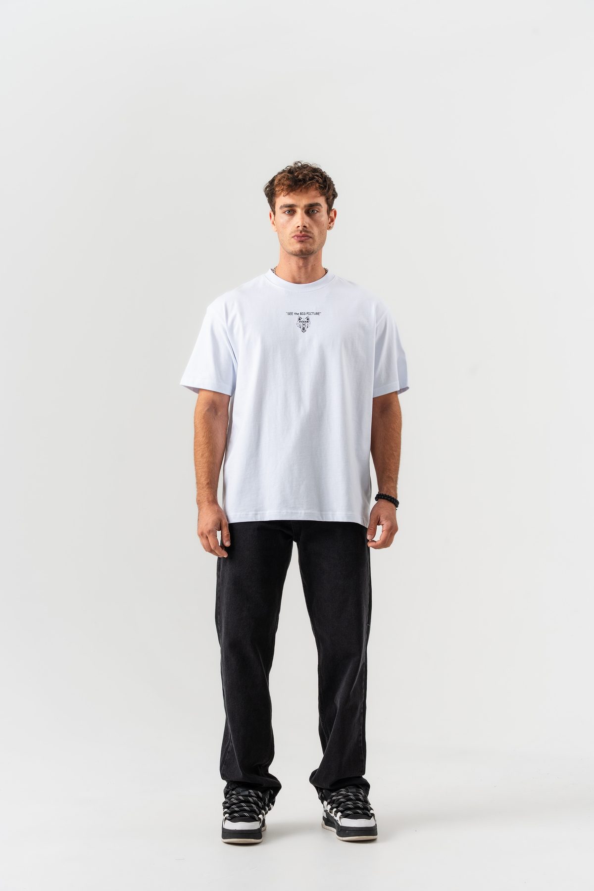 Erkek Beyaz "See The Big Picture" Yazı Detaylı %100 Pamuk Oversize Kalıp Bisiklet Yaka T-shirt — Beyaz (7)