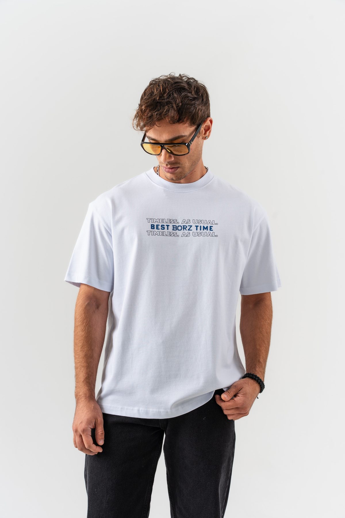 Unisex Beyaz "Best Borz Time" Yazı Detaylı Pamuklu Kumaş Oversize Kalıp Bisiklet Yaka T-shirt — BEYAZ (2)