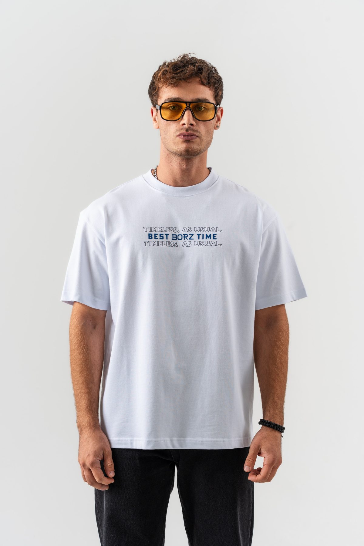 Unisex Beyaz "Best Borz Time" Yazı Detaylı Pamuklu Kumaş Oversize Kalıp Bisiklet Yaka T-shirt — BEYAZ (3)