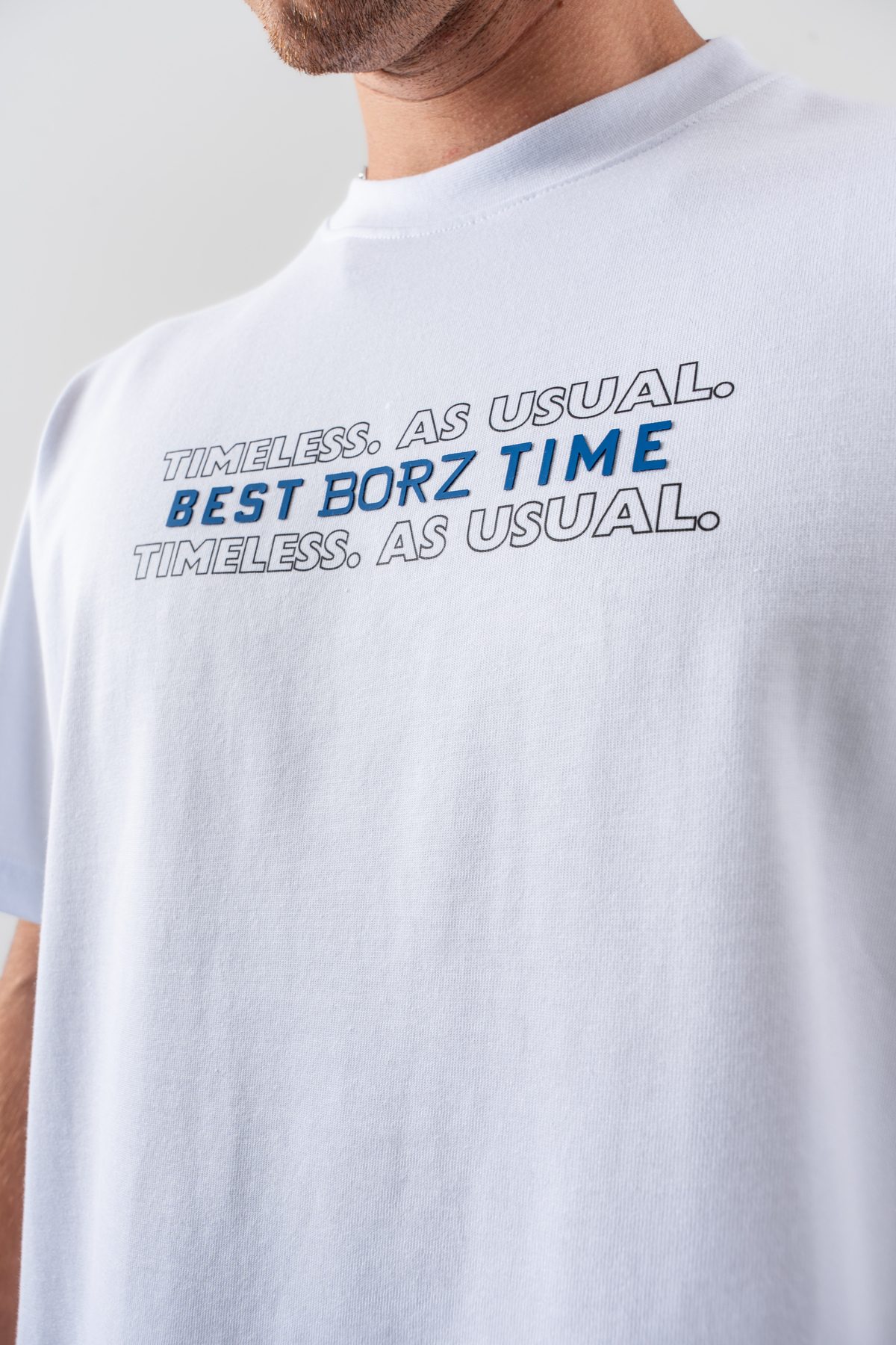 Unisex Beyaz "Best Borz Time" Yazı Detaylı Pamuklu Kumaş Oversize Kalıp Bisiklet Yaka T-shirt — BEYAZ (6)
