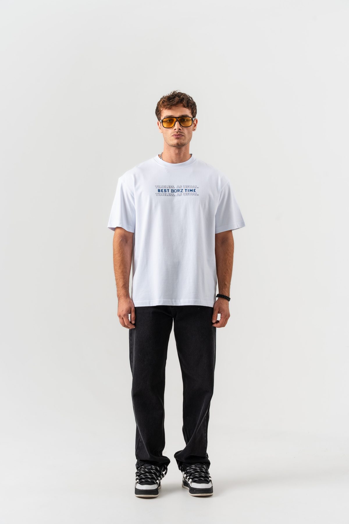 Unisex Beyaz "Best Borz Time" Yazı Detaylı Pamuklu Kumaş Oversize Kalıp Bisiklet Yaka T-shirt — BEYAZ (8)